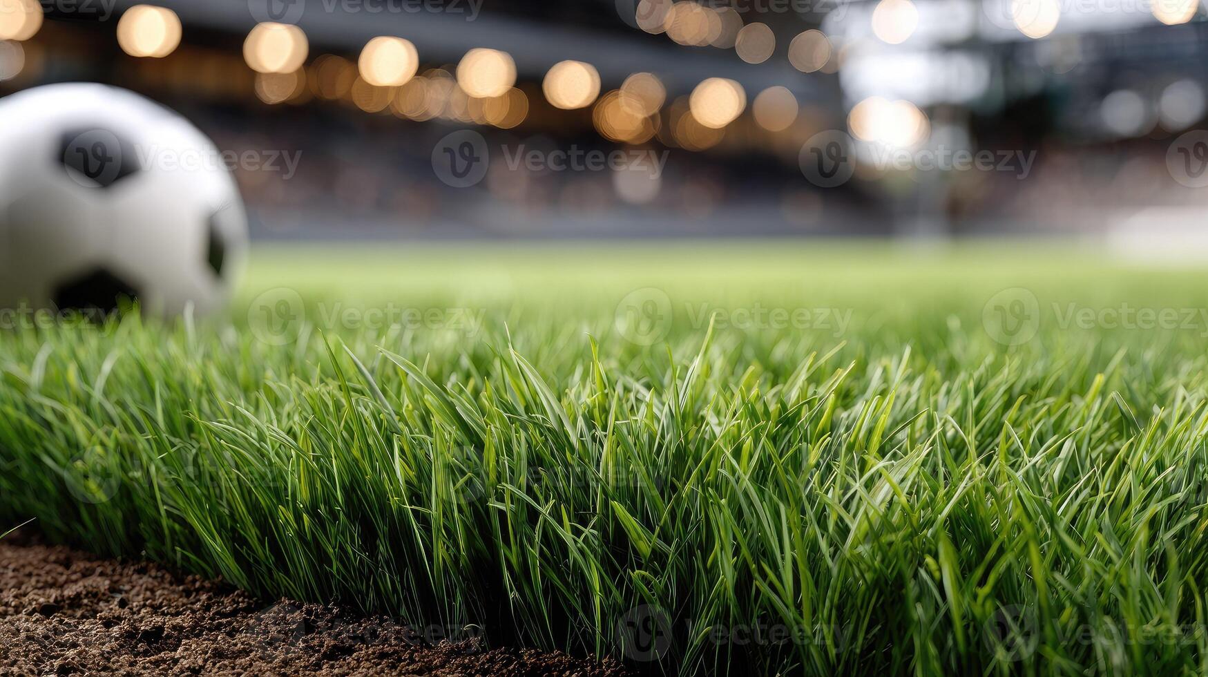 A soccer ball sits on the grass in front of a stadium photo