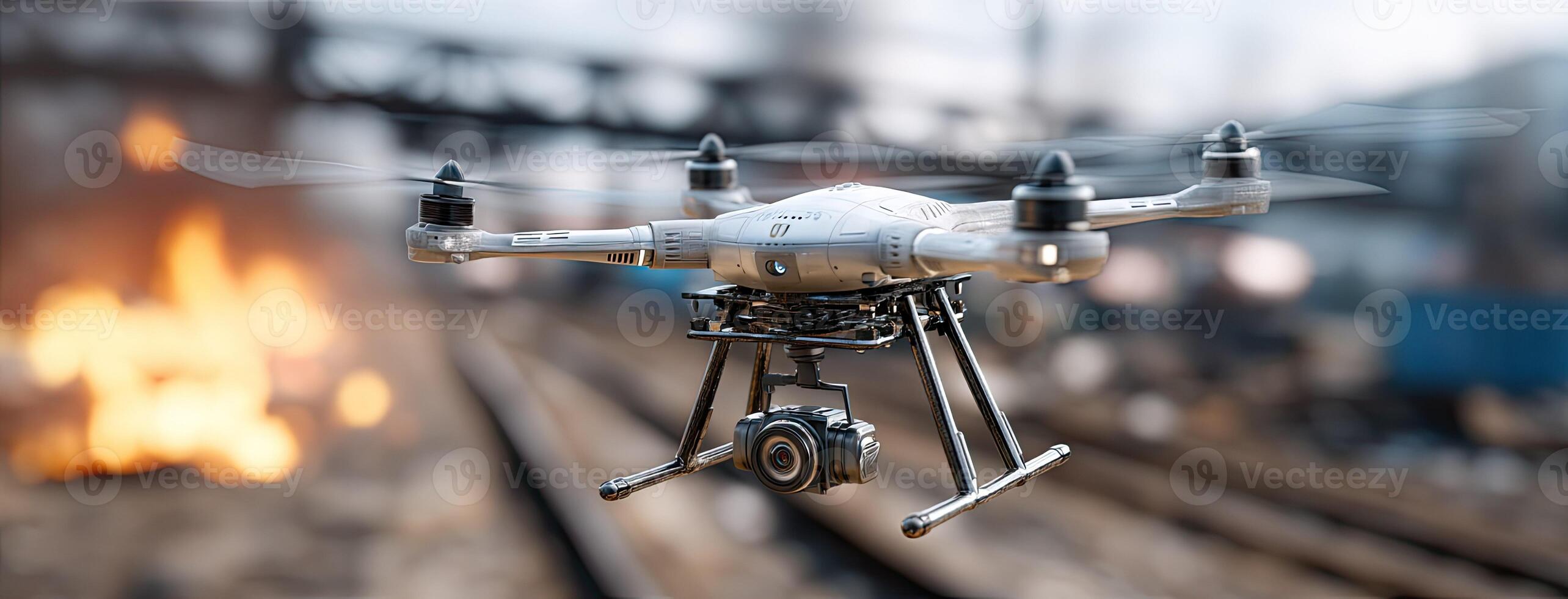 A small drone flying over a train track photo