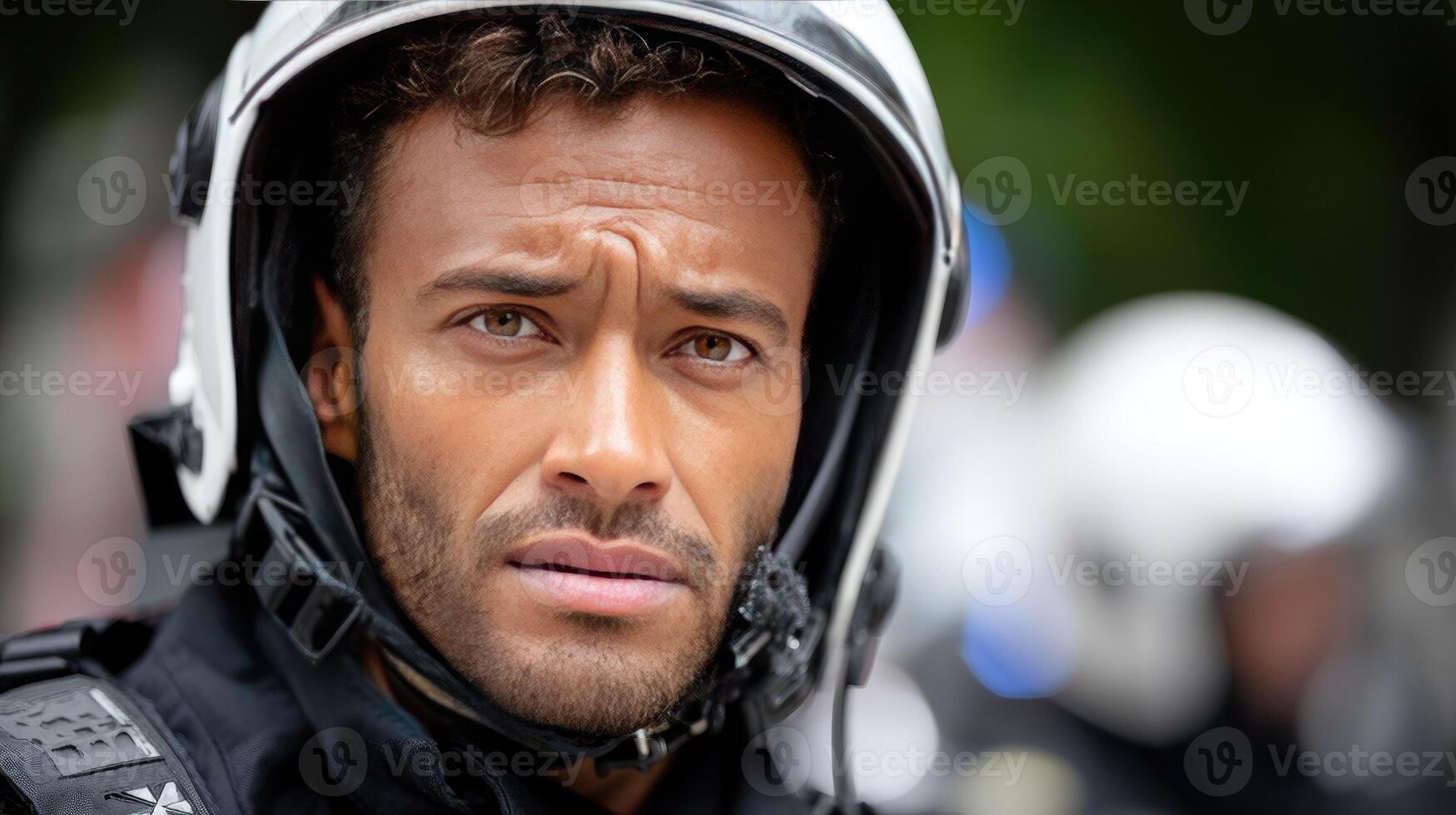 A man in a police uniform looks to the side photo