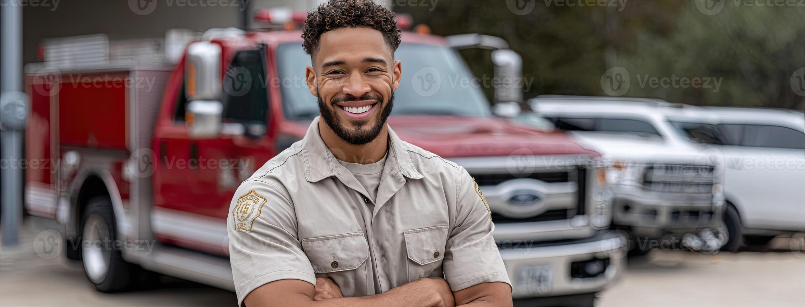A man in a fireman uniform is smiling photo