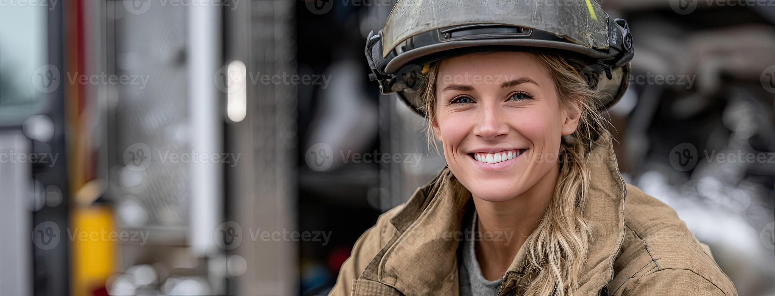 A woman in a firefighter's uniform smiling photo