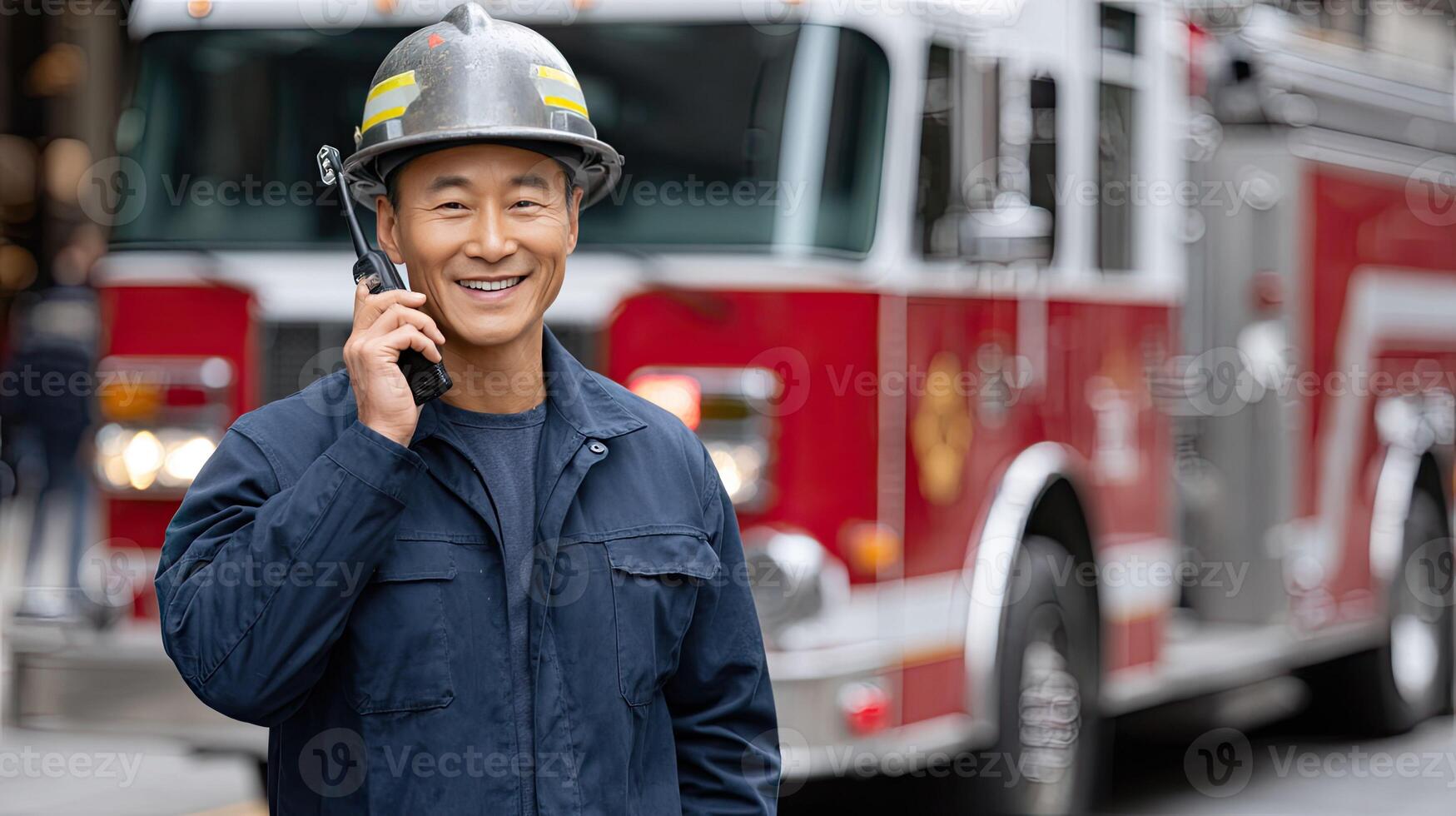 A man in a fireman uniform talking on a cell phone photo