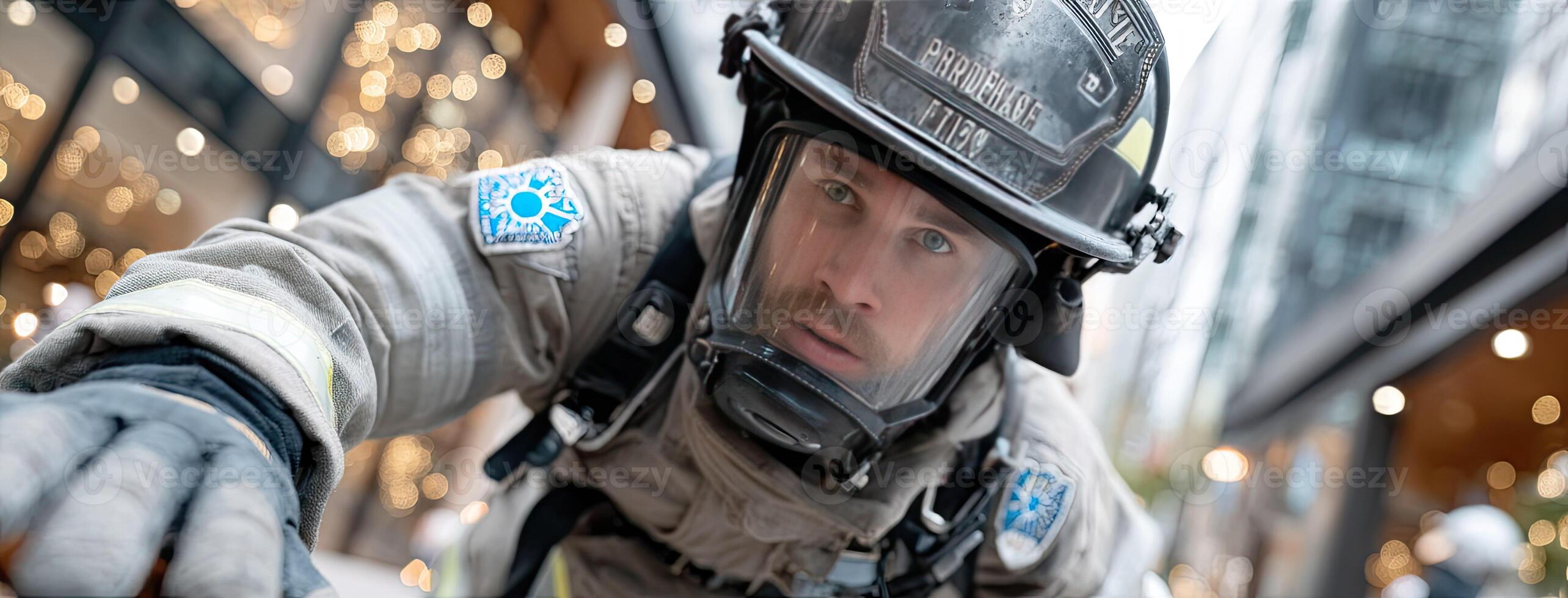 A firefighter is climbing up a building photo