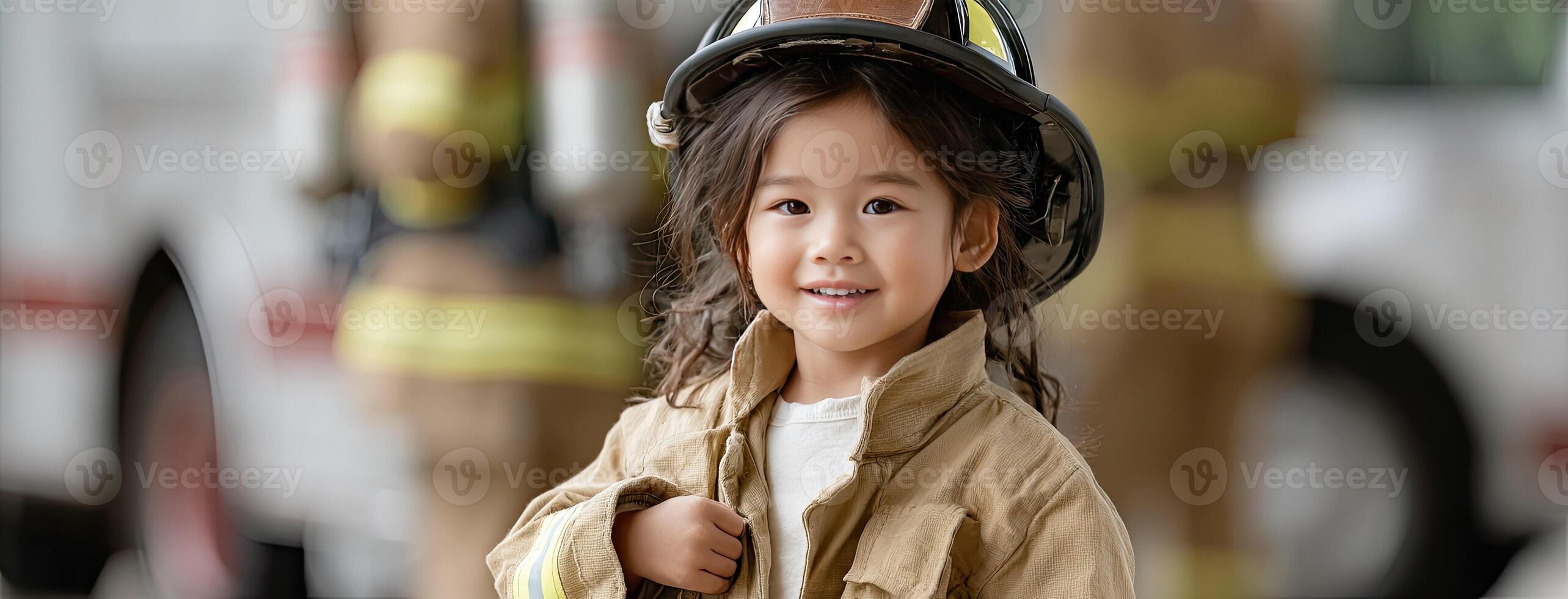 A little girl in a fireman's uniform photo