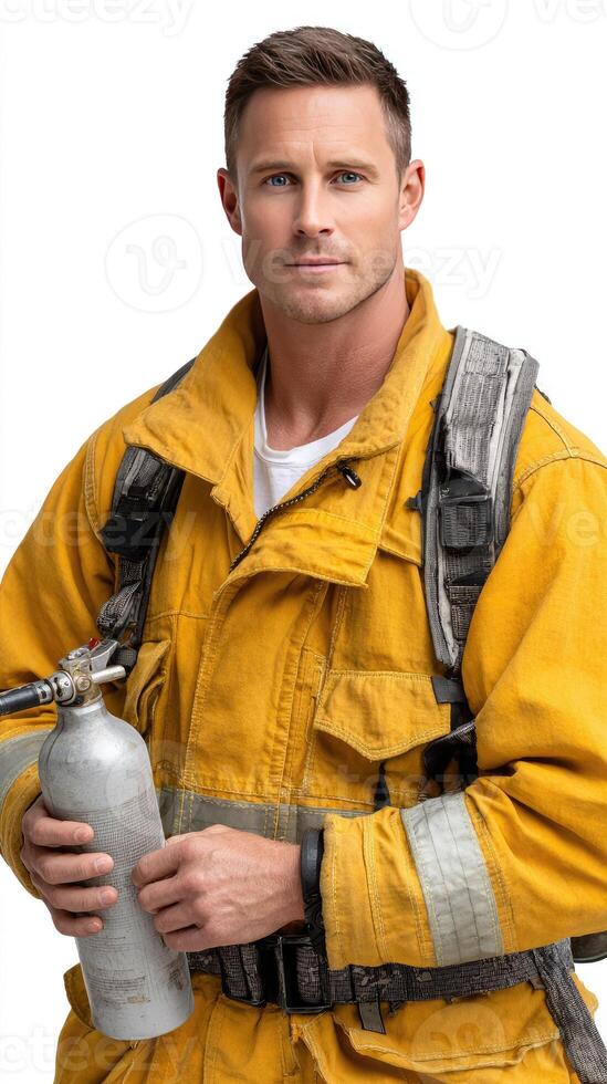 A man in a fireman uniform holding a water bottle photo
