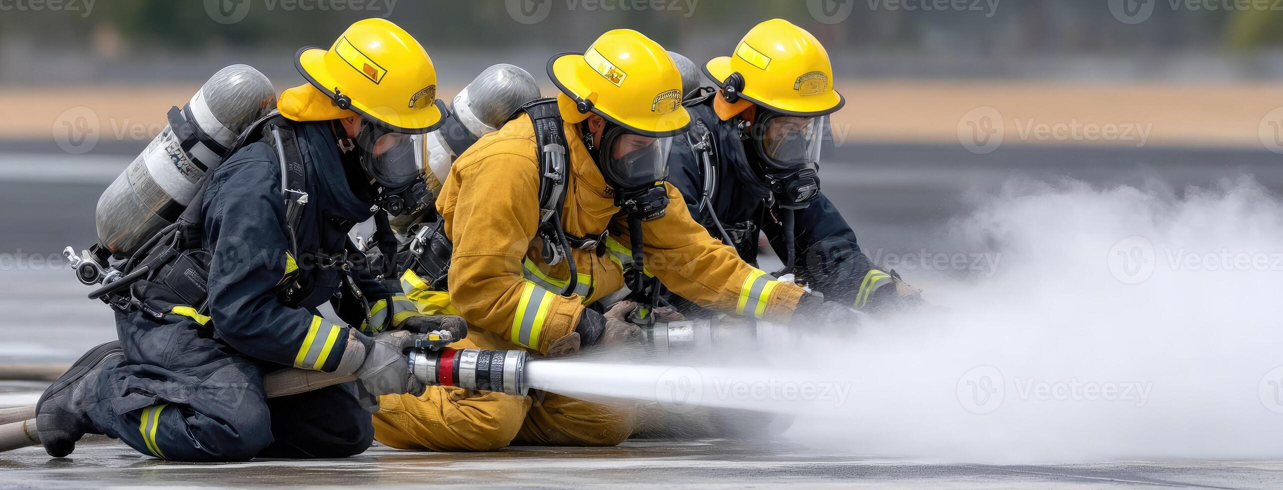 Firefighters in protective gear spraying water on a runway photo