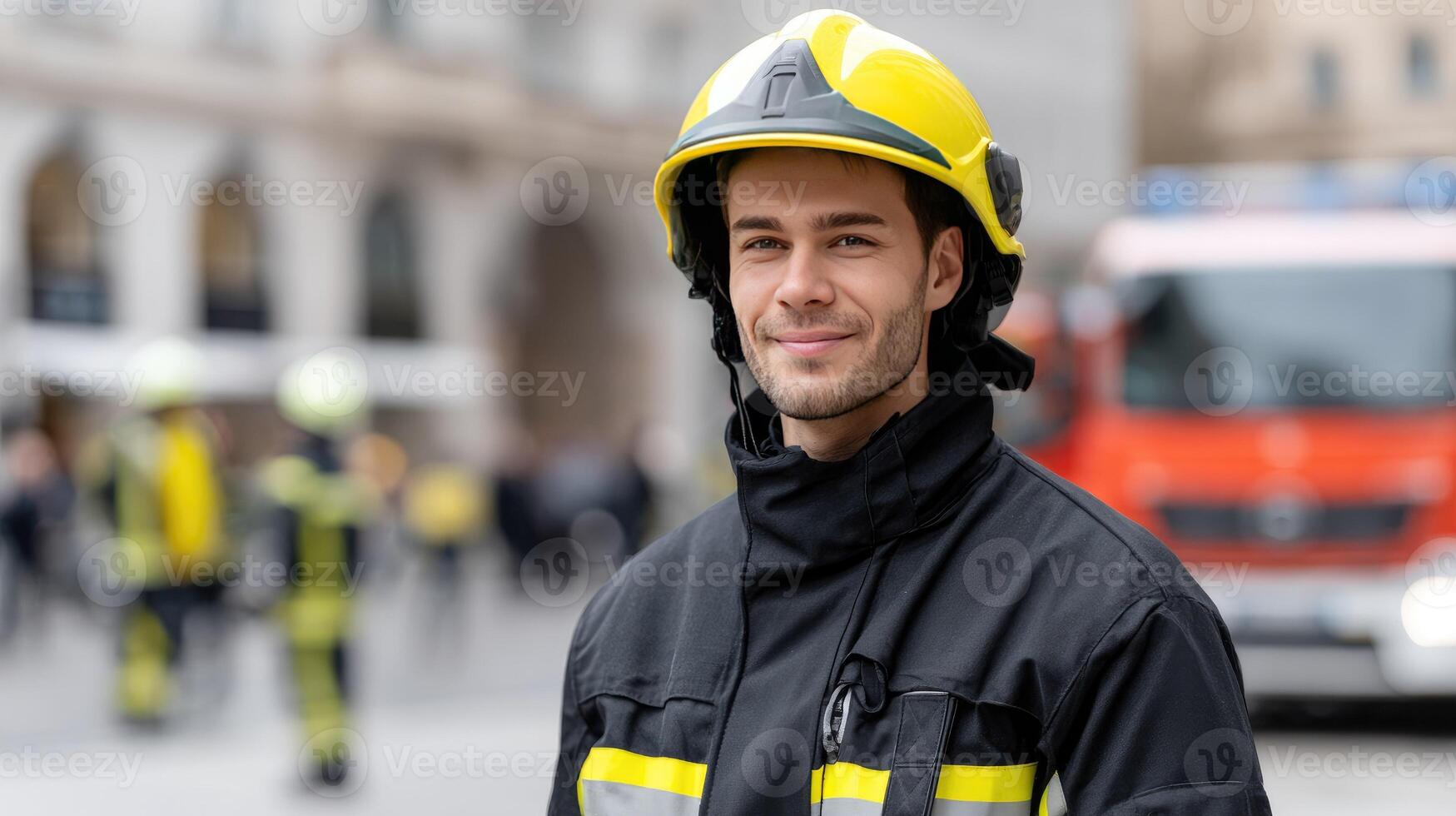A man in a fireman uniform is standing in front of a fire truck photo
