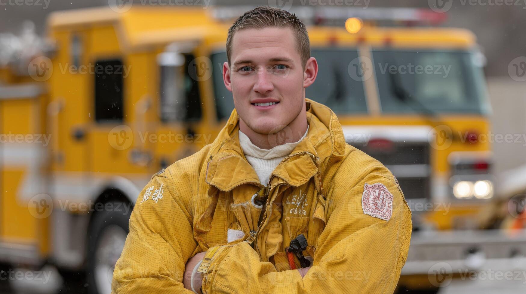 A young man in a fireman's uniform standing in front of a fire truck photo