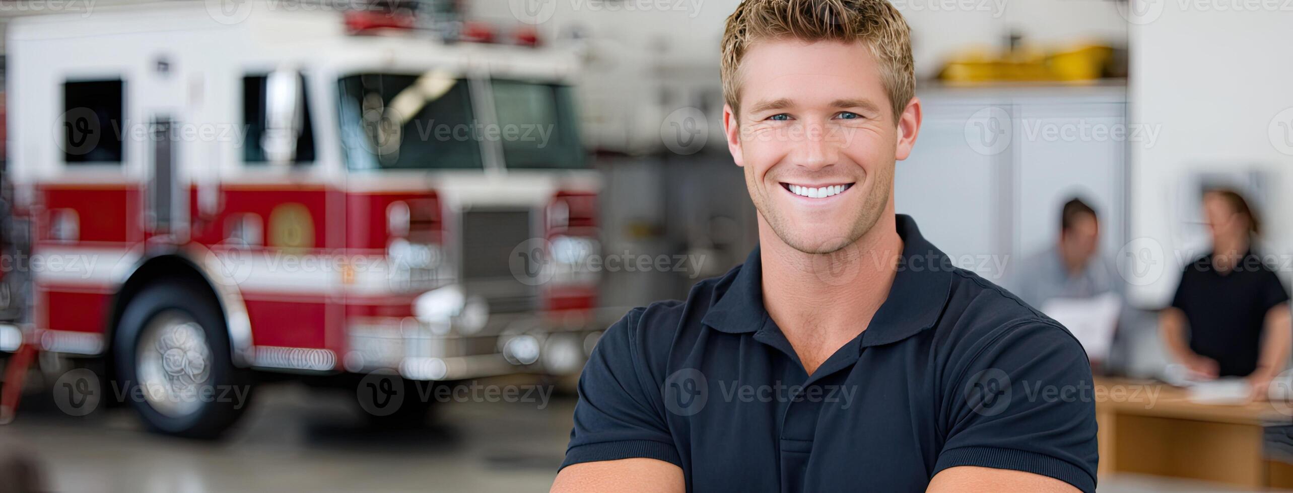 A man in a black shirt is smiling in front of a fire truck photo