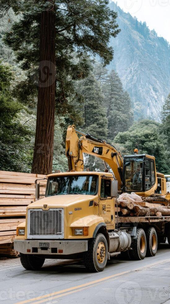 A yellow truck with a large crane on it photo