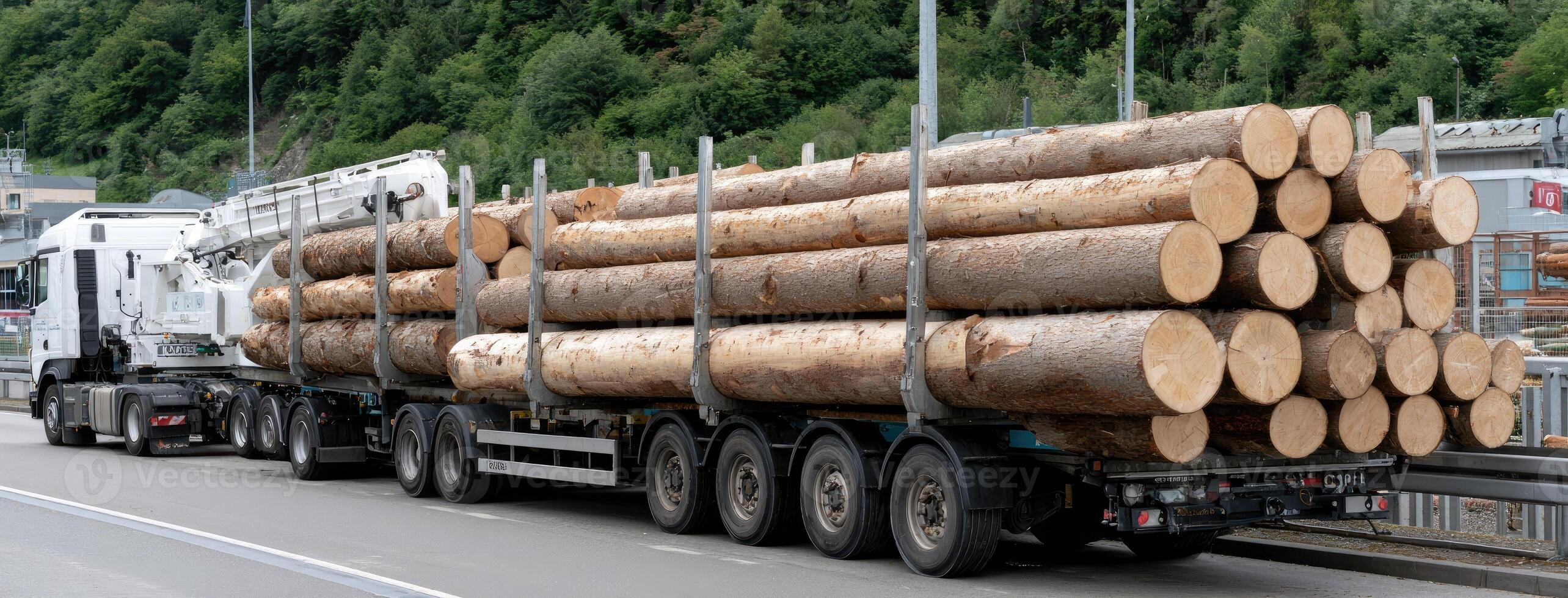 A truck carrying logs down a road photo