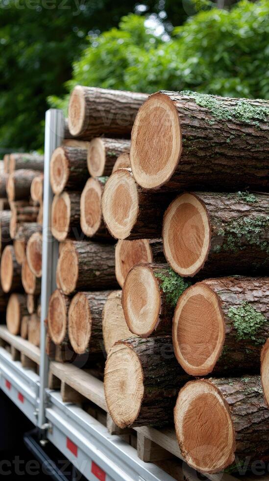 A truck is carrying logs on the back of it photo