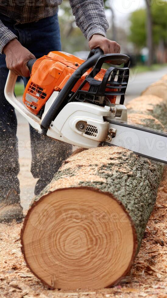 A man using a chainsaw to cut a log photo