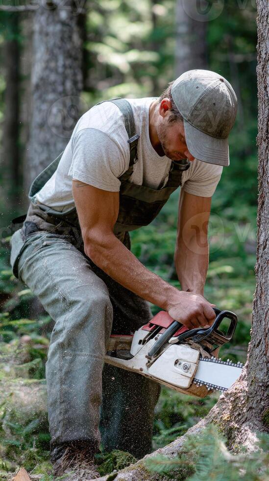 A man in overalls cutting down a tree with a chainsaw photo