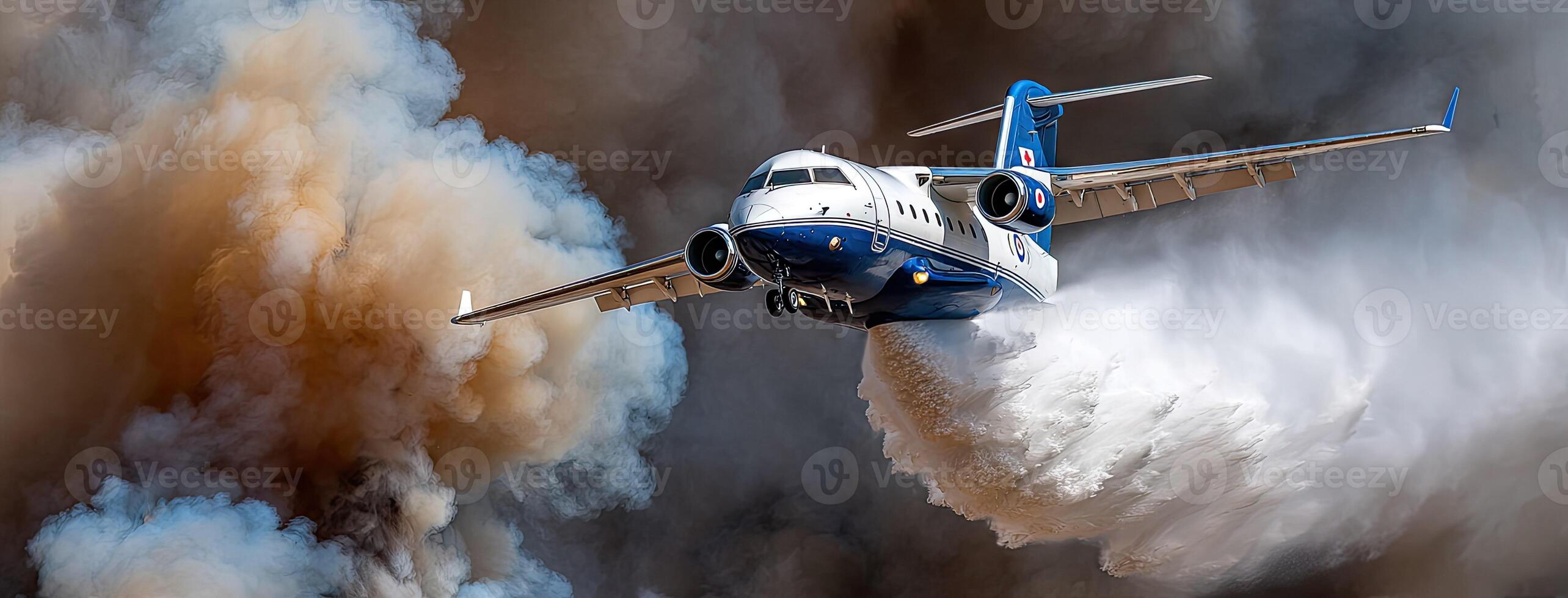 A plane flying through smoke photo