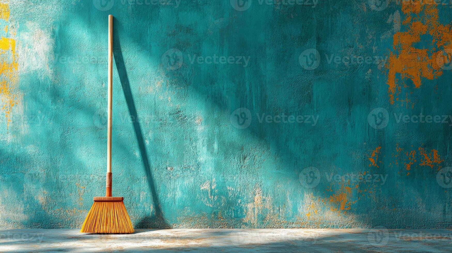 Broom leaning against grunge wall casting a shadow in sunlight photo