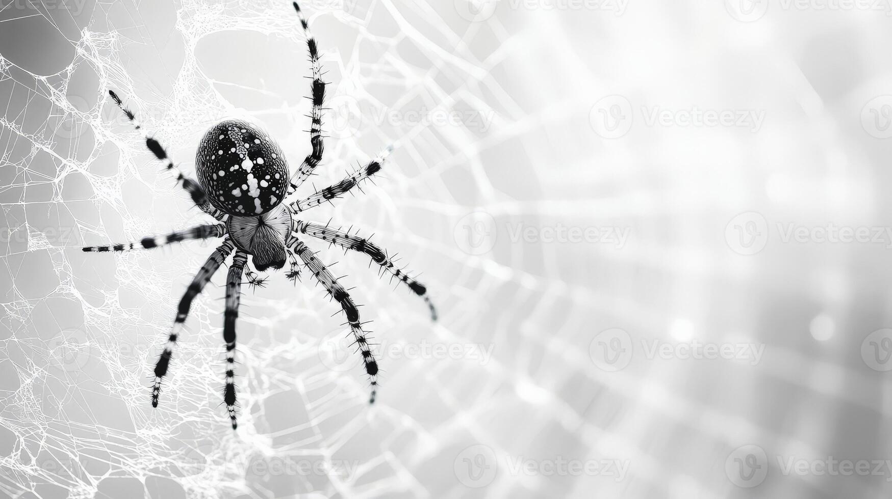 Spider weaving its web in black and white photo