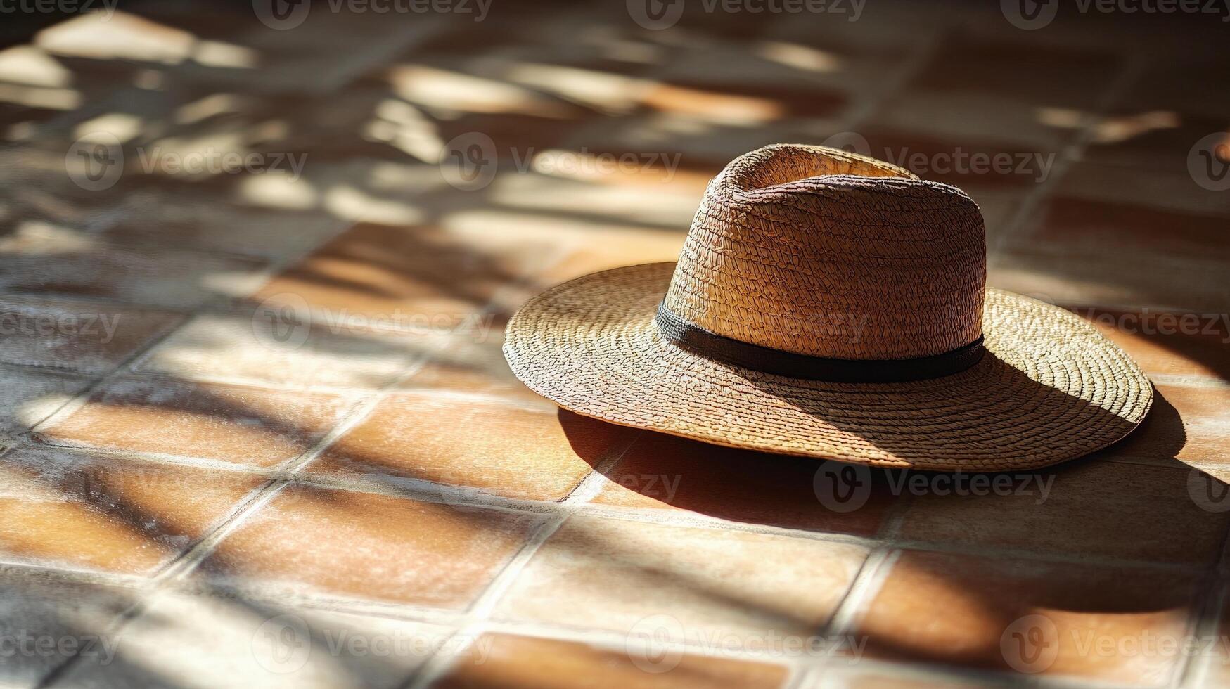 Straw hat resting on sunlit tiled floor photo