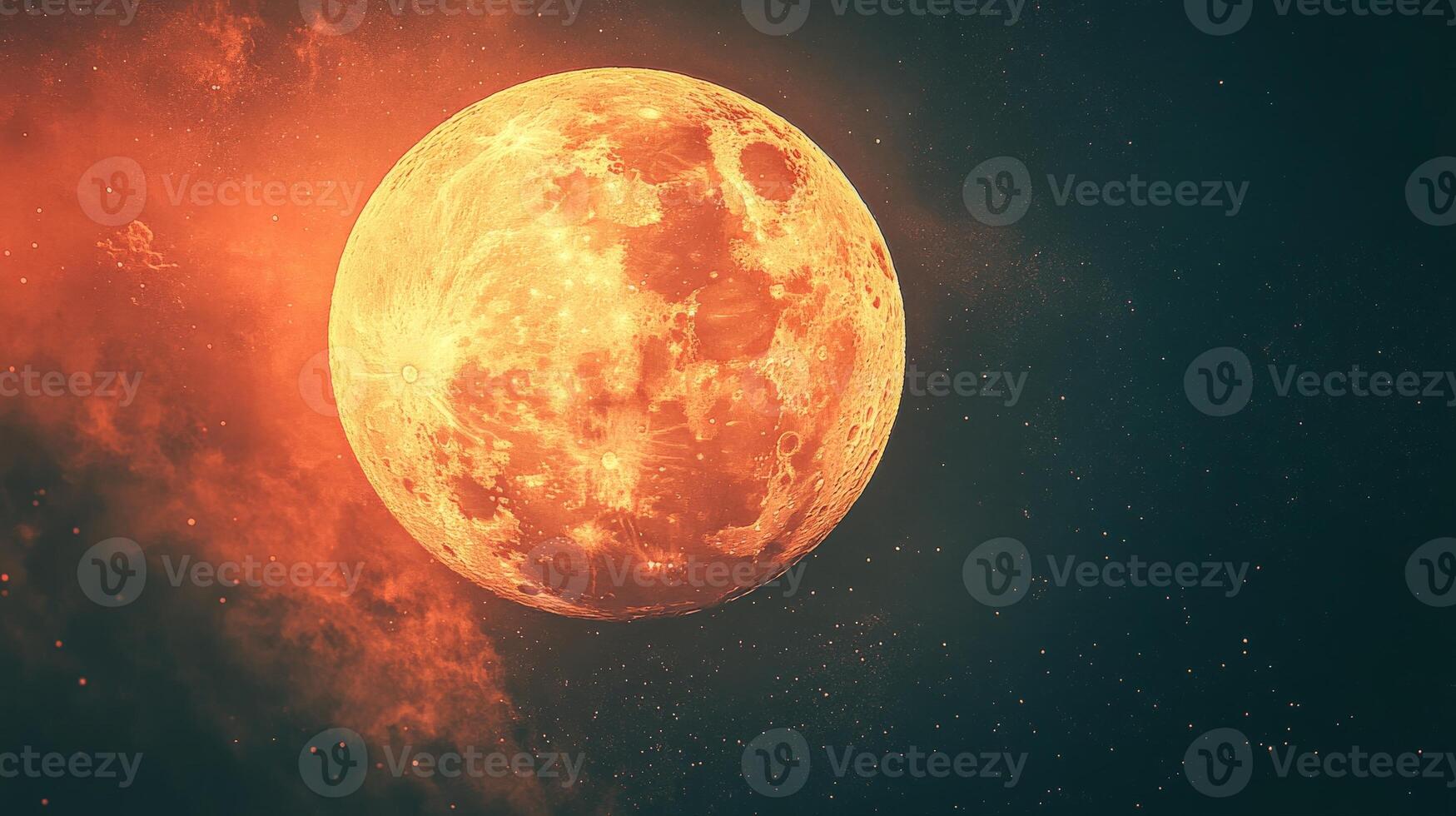 Super blood moon glowing over dark starry sky with orange nebula clouds photo