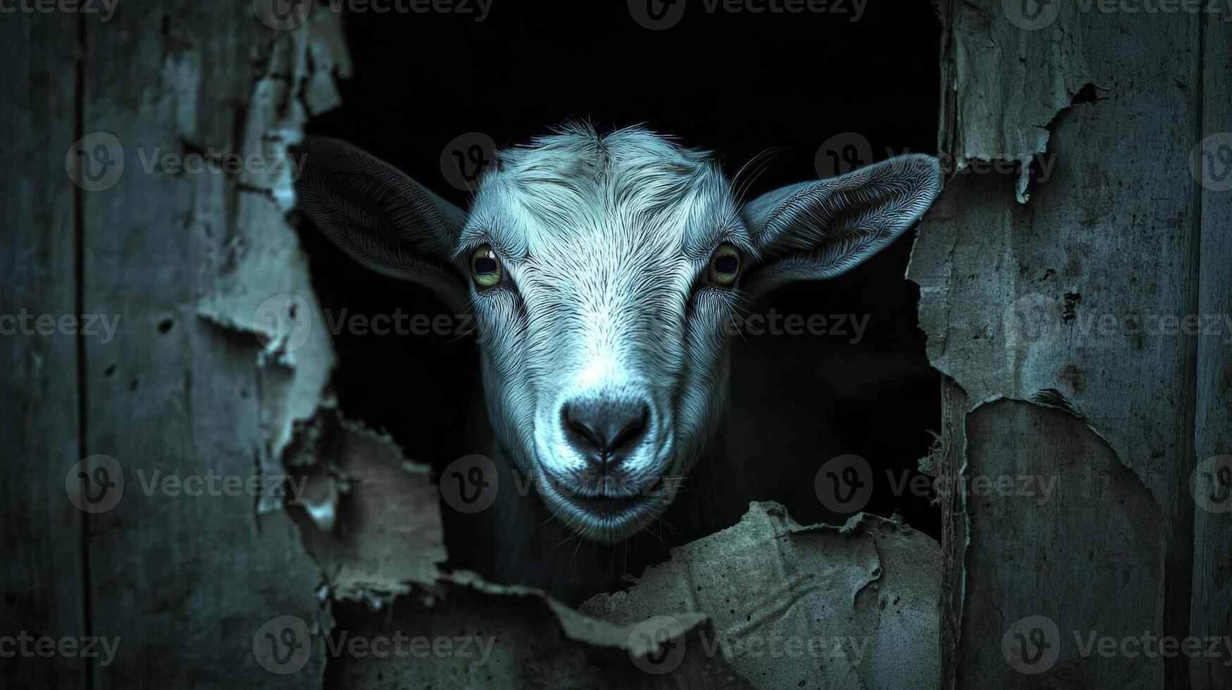 Curious goat peeking through hole in wooden wall photo