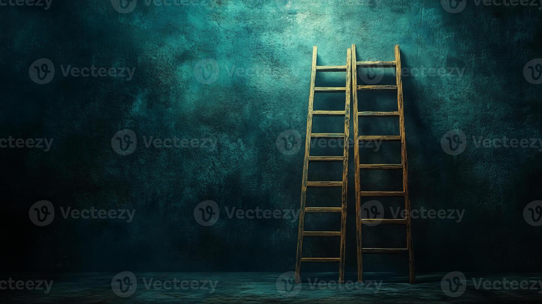 Two wooden ladders leaning against grunge wall in dark room photo