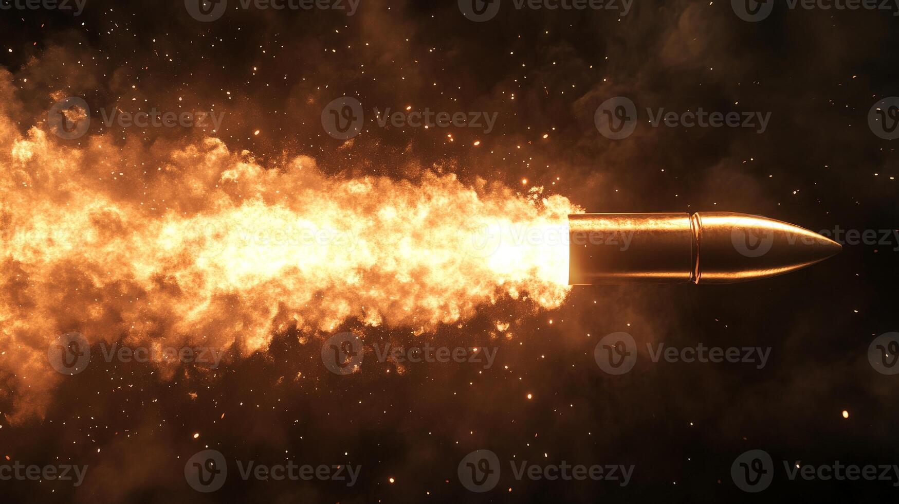 Burning bullet flying with fiery trail on dark background photo