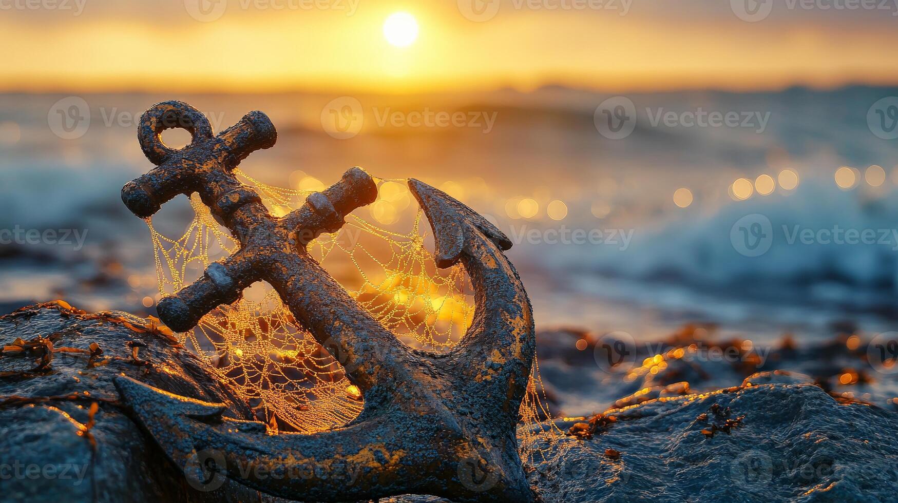 Rusty anchor resting on rocks at sunrise on the beach photo