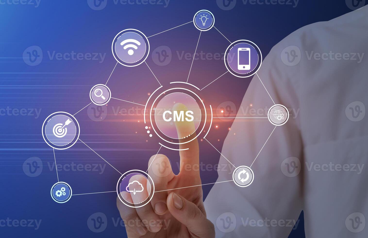 Content management system, digital strategy and social media marketing concept. IT administrator pressing CMS button on vrtual screen with computer icons, closeup of hand. Collage photo
