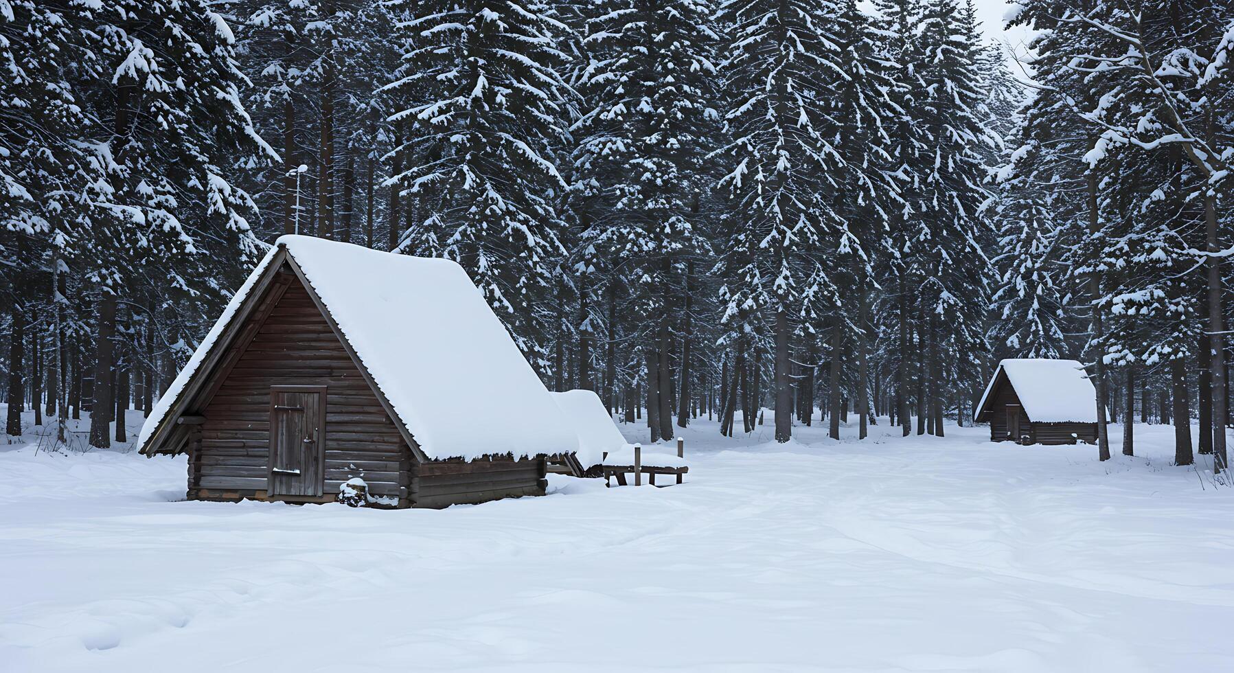 A snowy forest with a few cabins photo