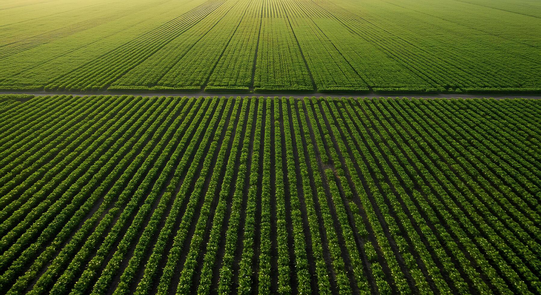 An aerial view of a green field with a road photo