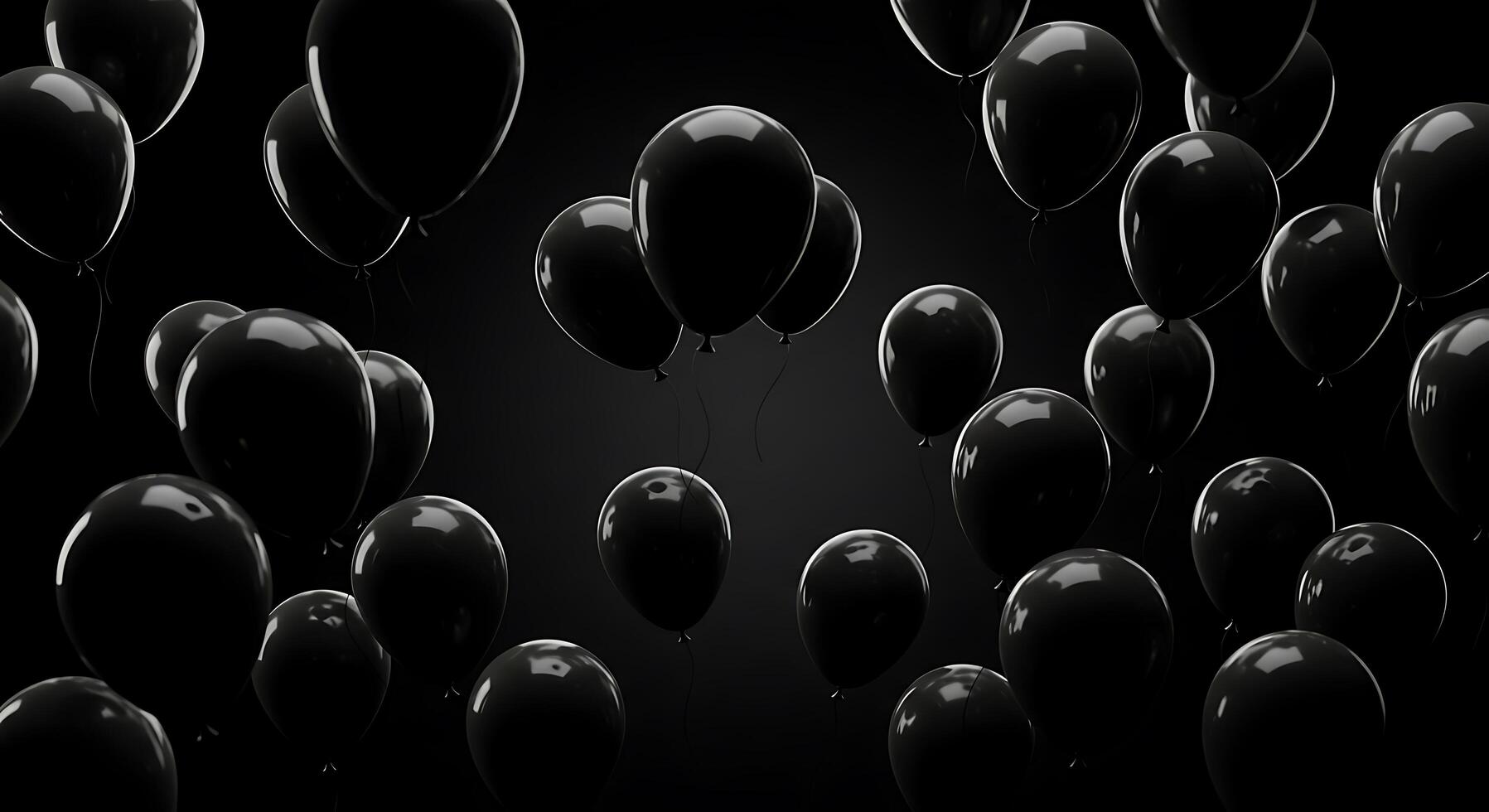 Black balloons floating in the air on a black background photo