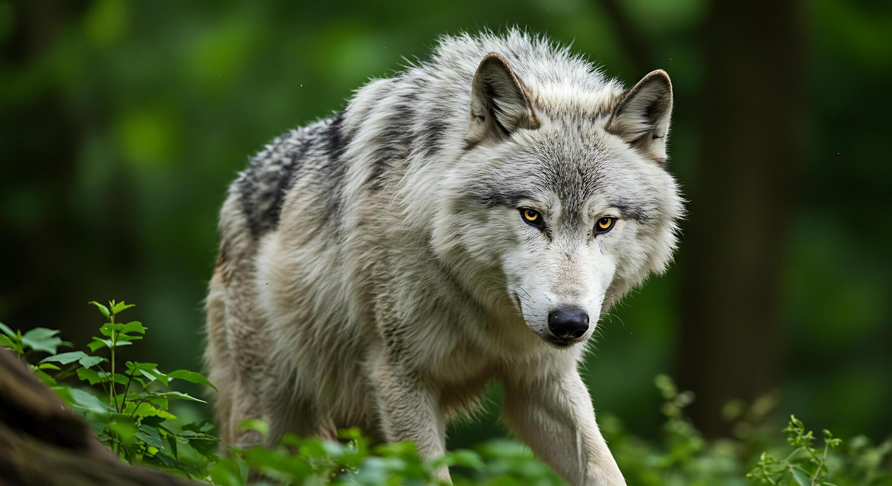 A wolf is walking through the woods photo