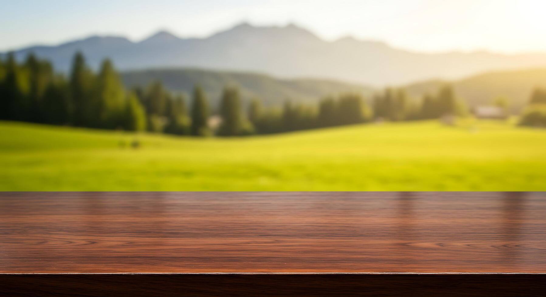 Table top on a green field with mountains in the background photo