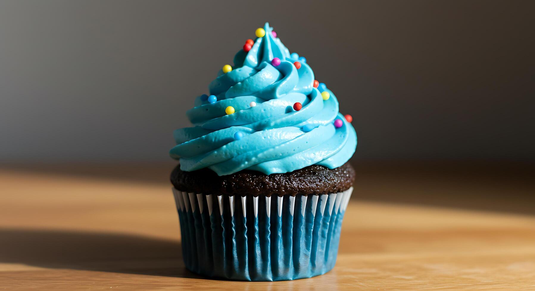 A cupcake with blue frosting on top photo