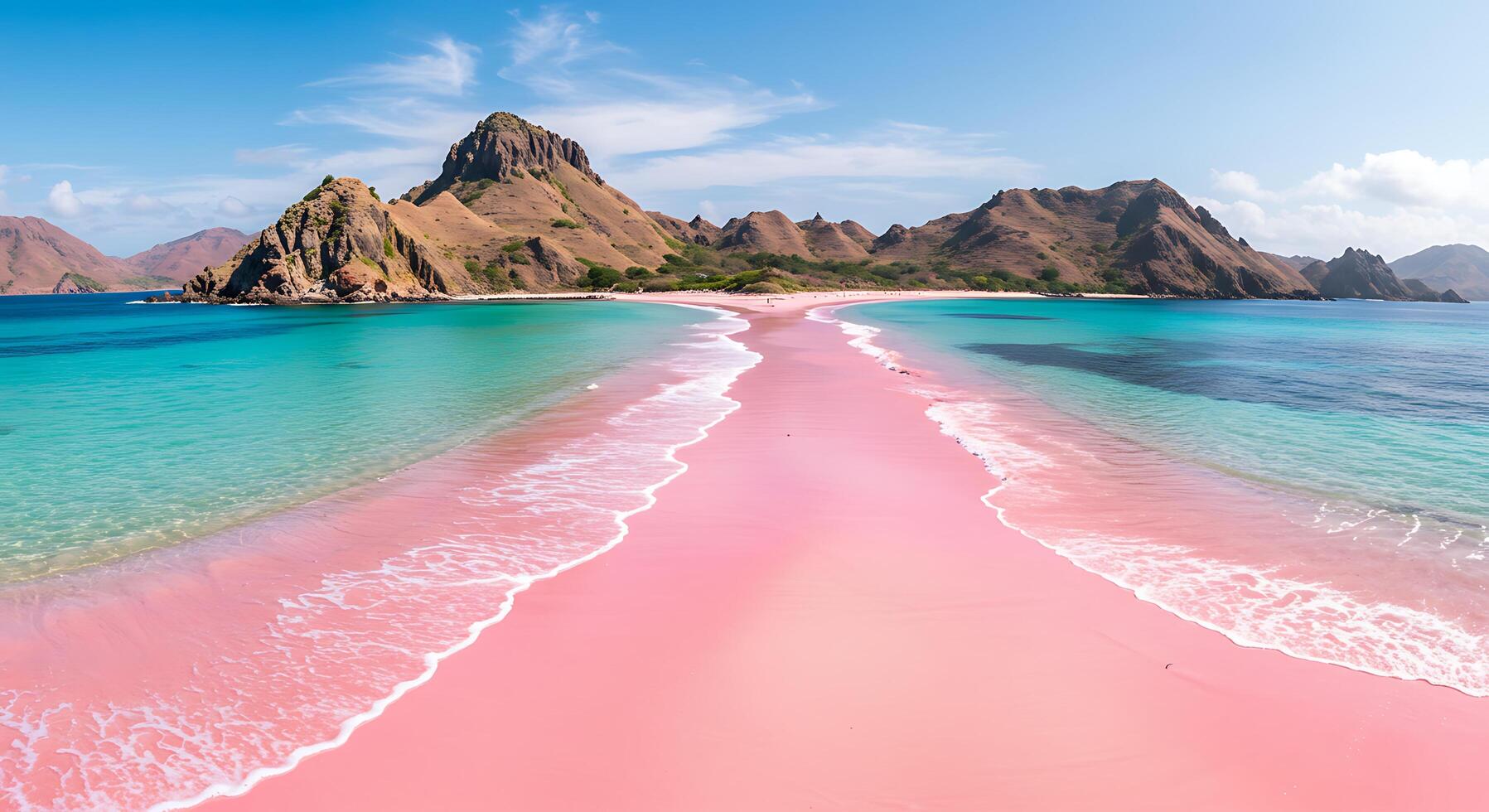 A pink beach with waves and mountains in the background photo