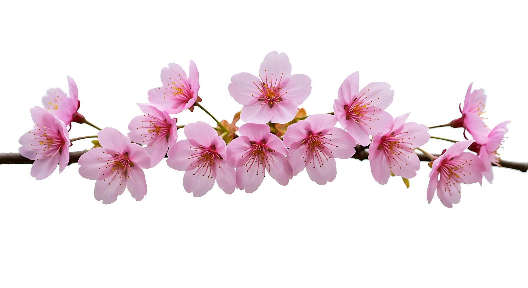 A branch of pink flowers is shown on a white background photo