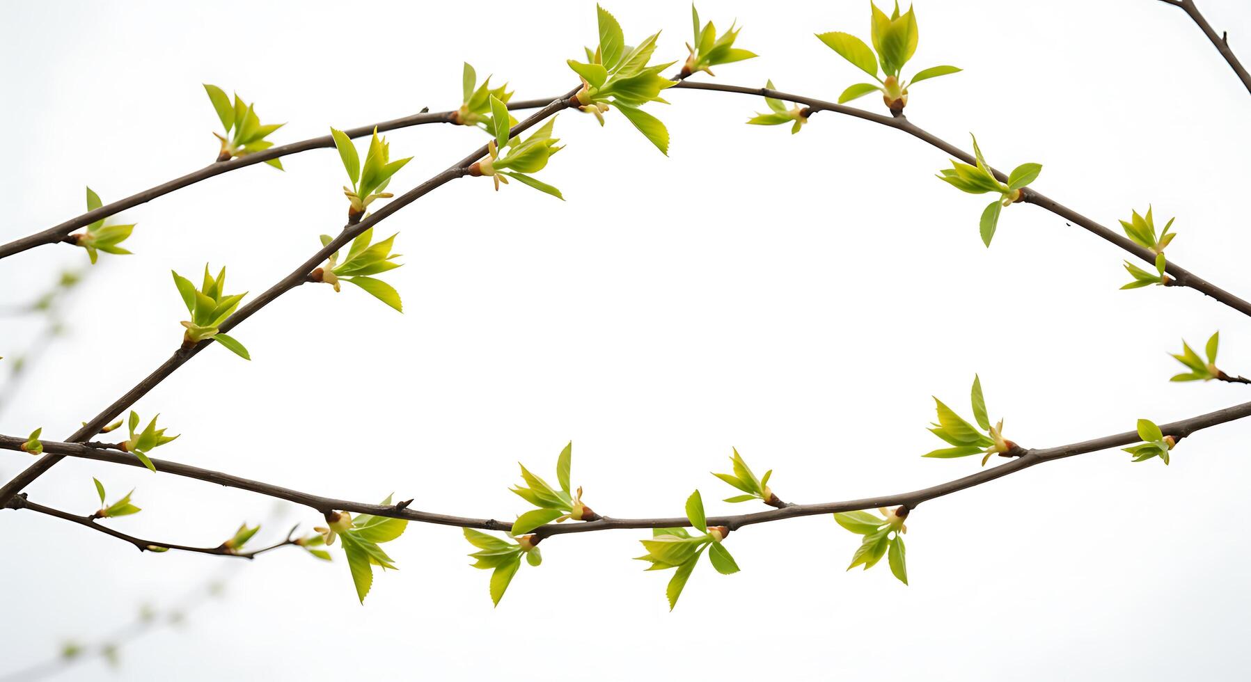 A branch with green leaves and a white sky photo