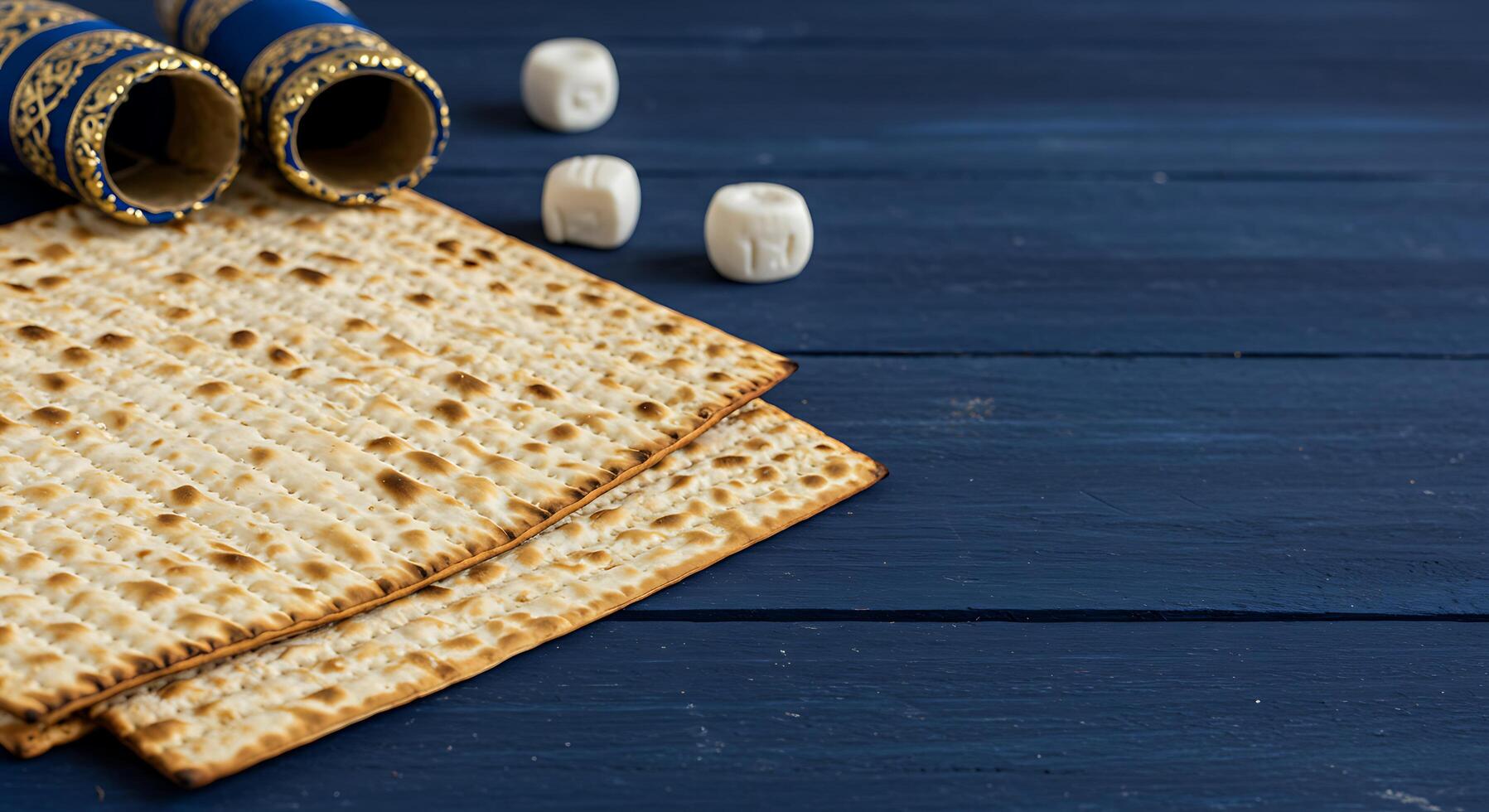 Matzo and candles on a blue wooden table photo