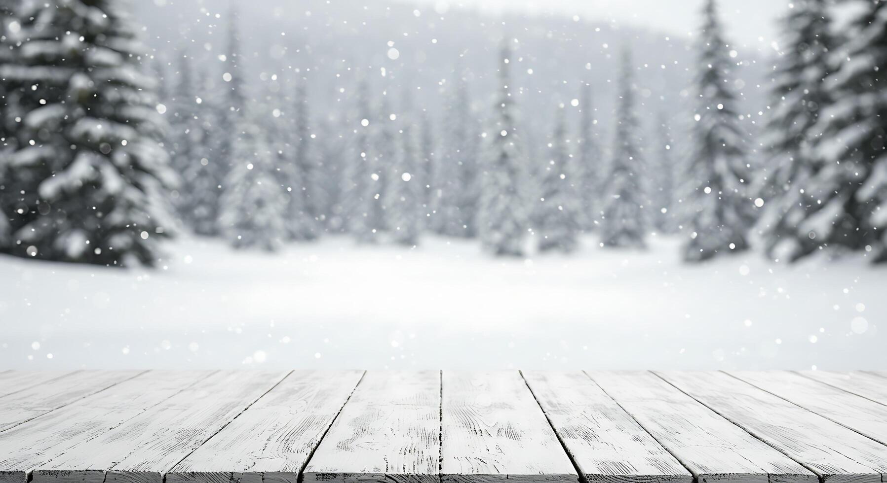 Wooden table top in snowy forest with snow falling photo