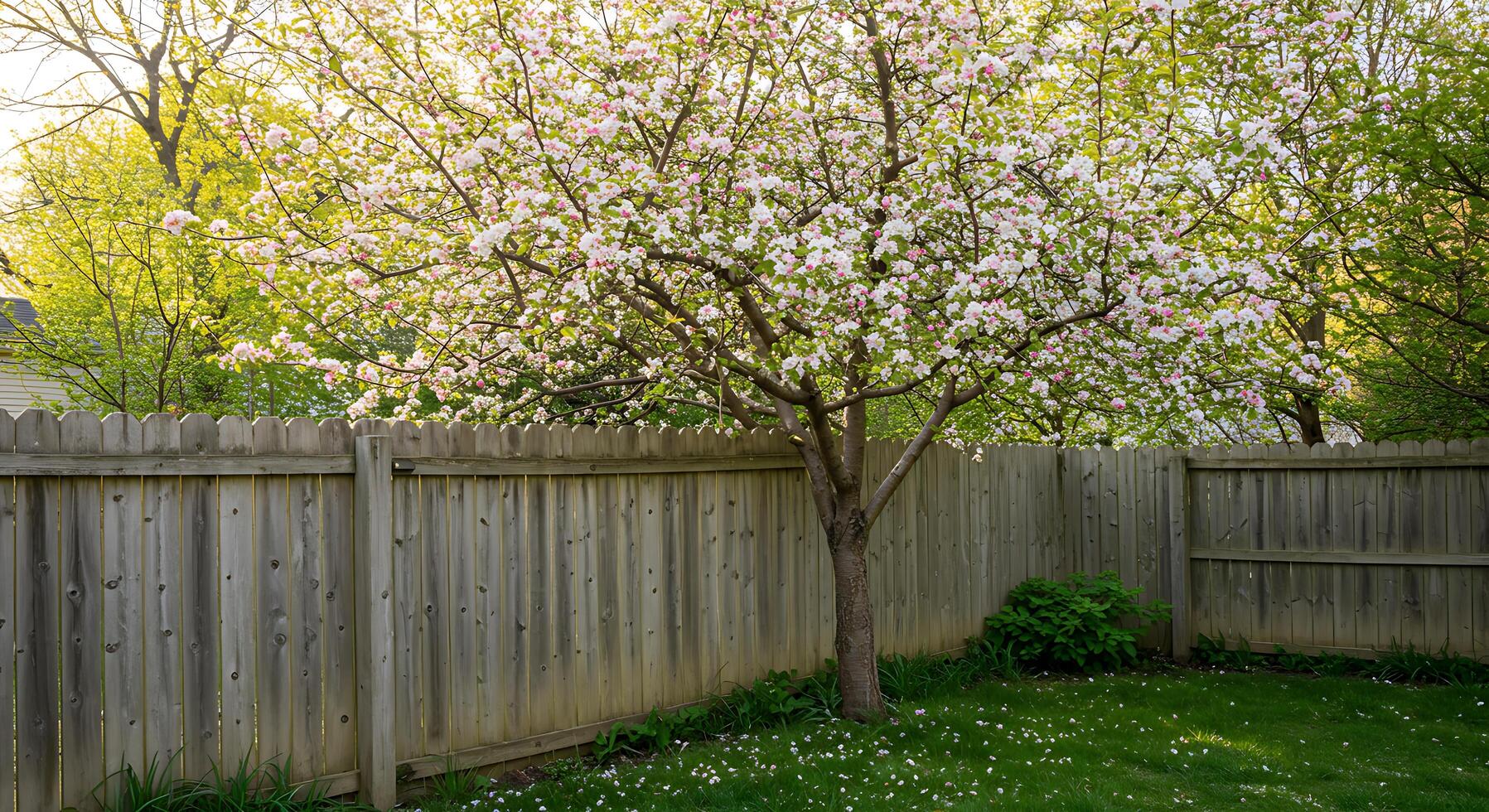 A tree with flowers in a backyard photo