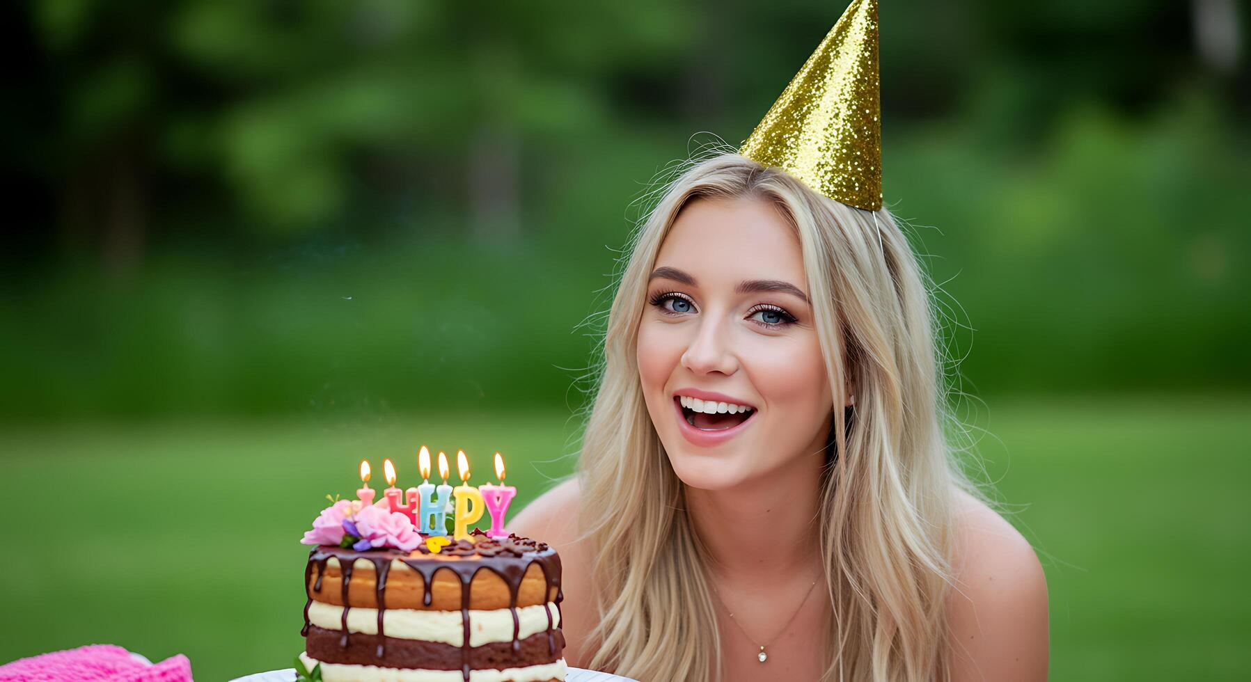 A woman in a birthday hat is holding a cake photo