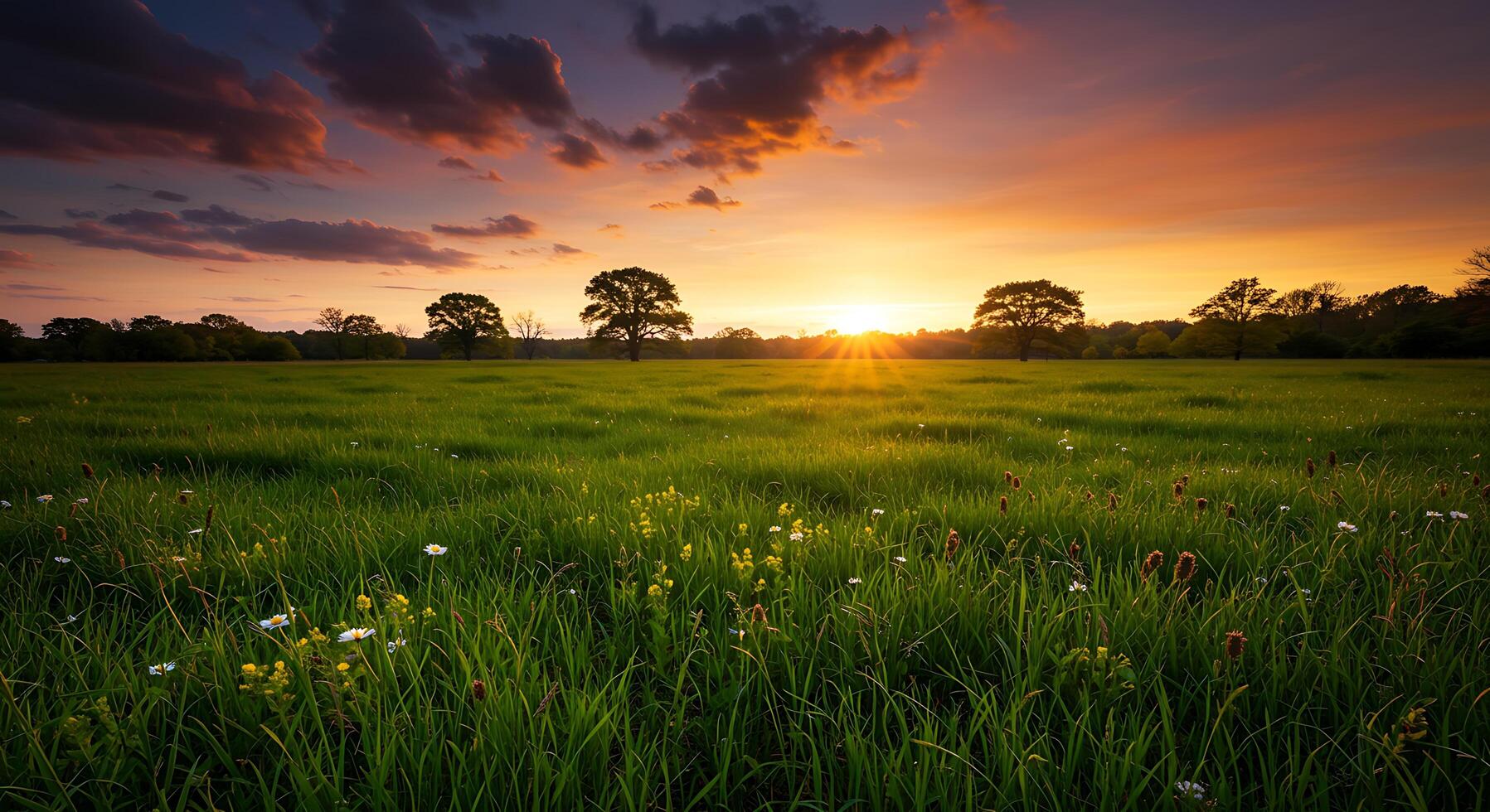 A field with a sunset in the background photo