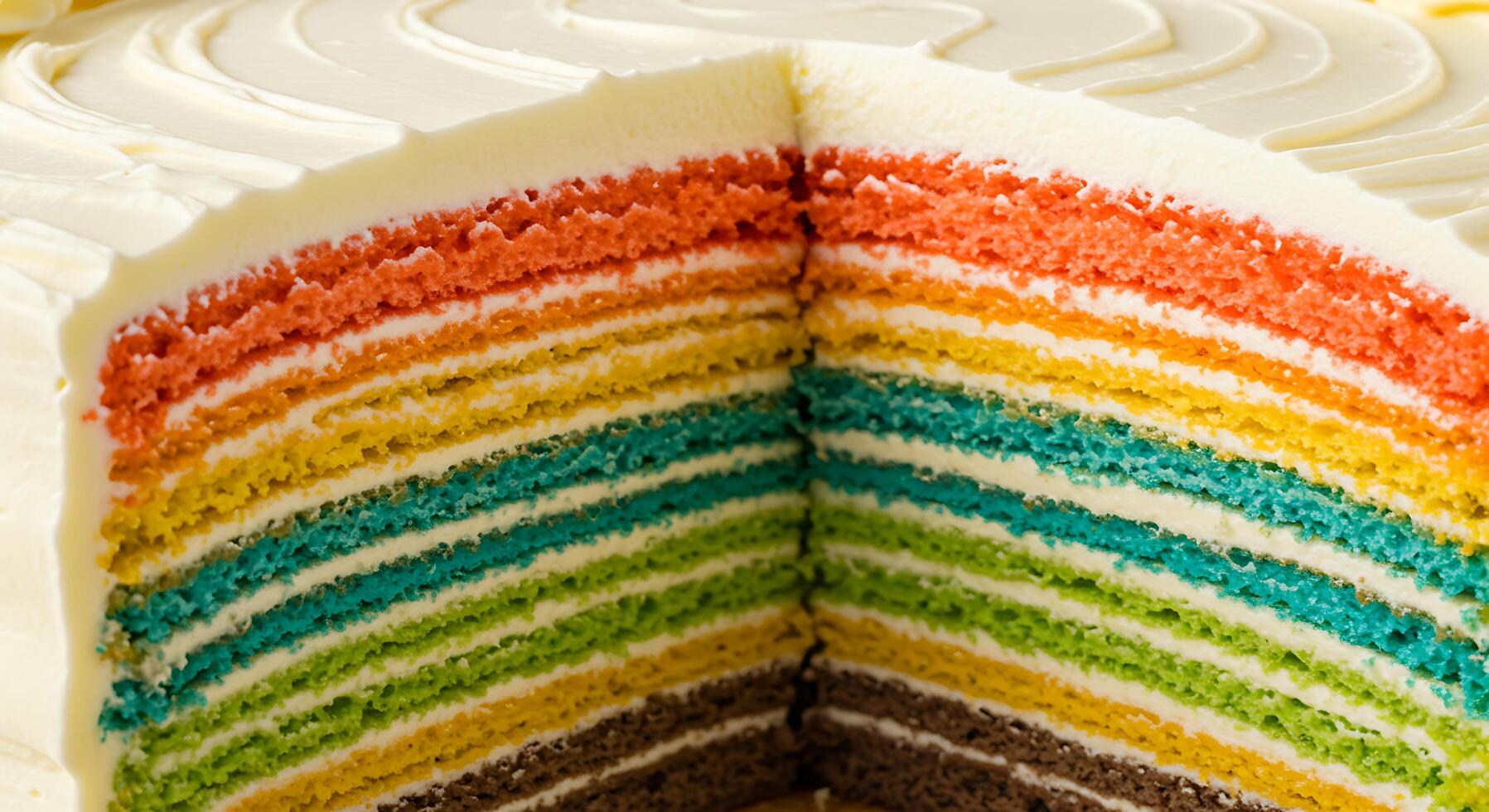 A close up of a rainbow cake with a slice missing photo
