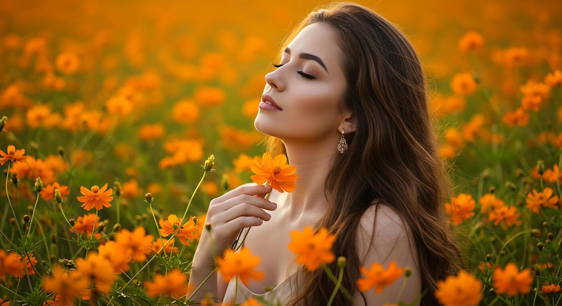 Beautiful woman in orange field smelling flowers photo