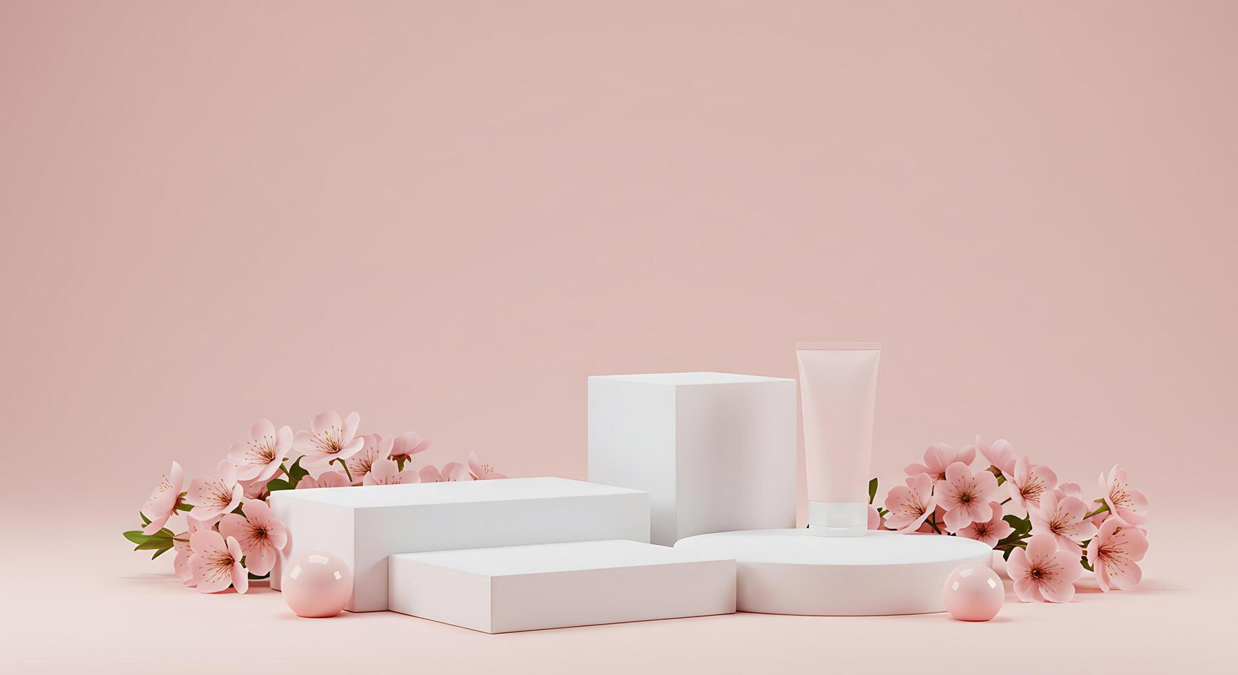 A white box with a tube of cream and flowers on a pink background photo