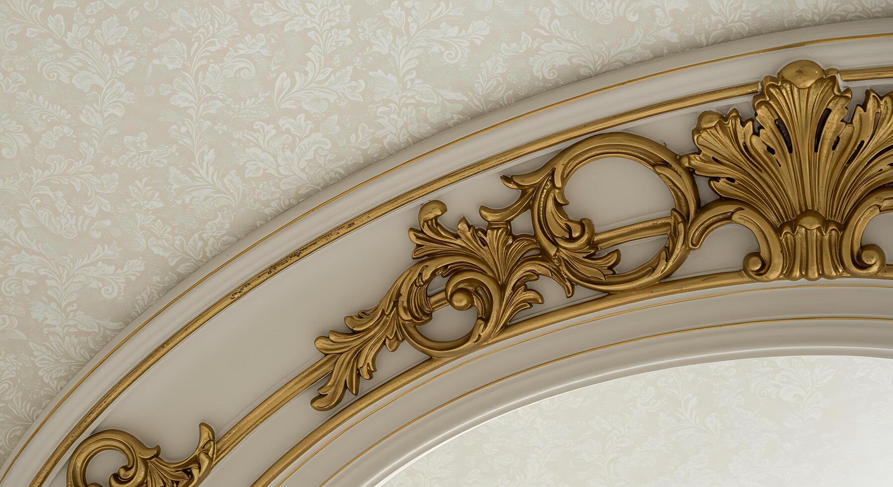 A gold and white decorative mirror with ornate designs photo