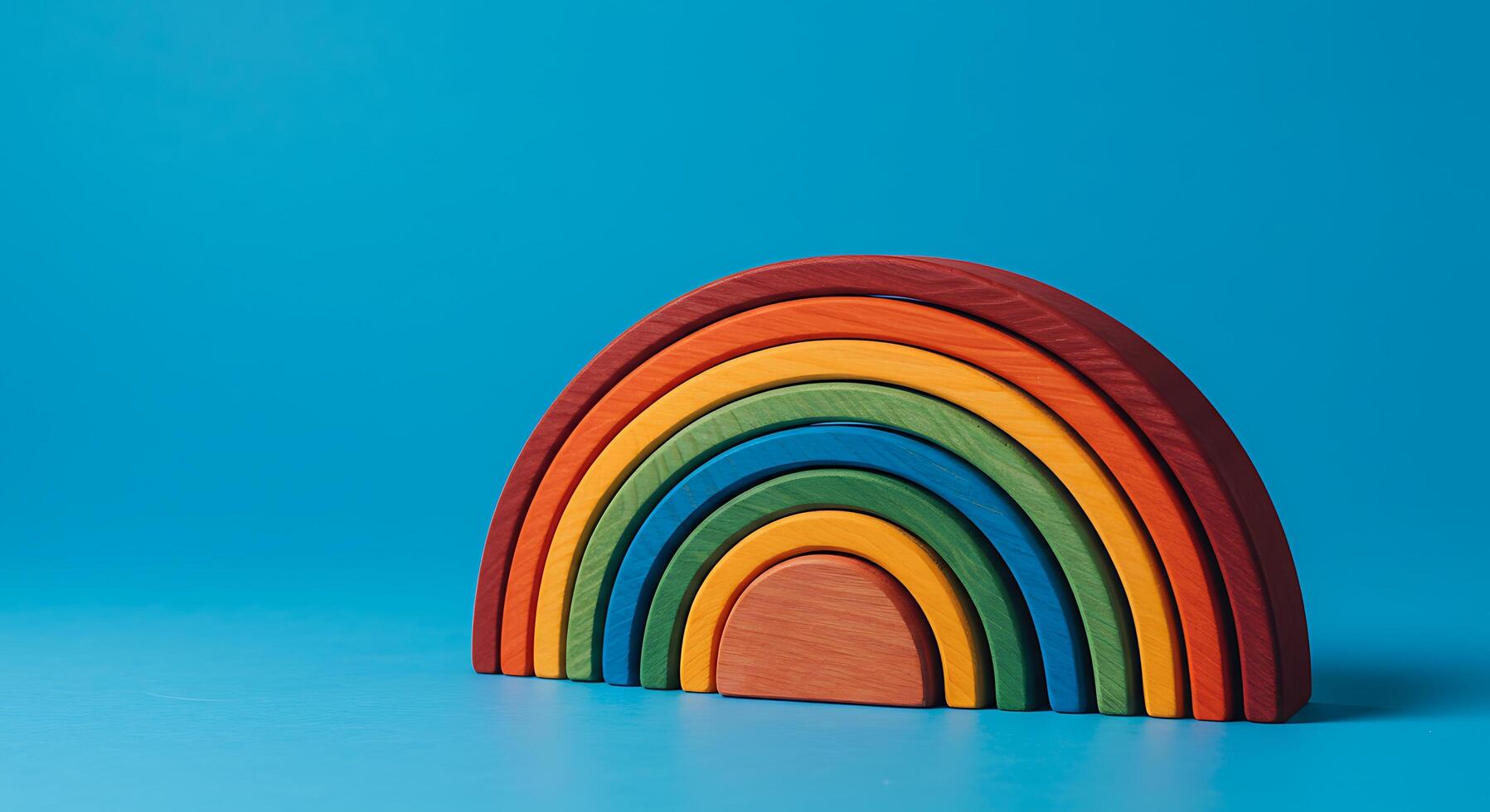 A wooden rainbow toy on a blue background photo