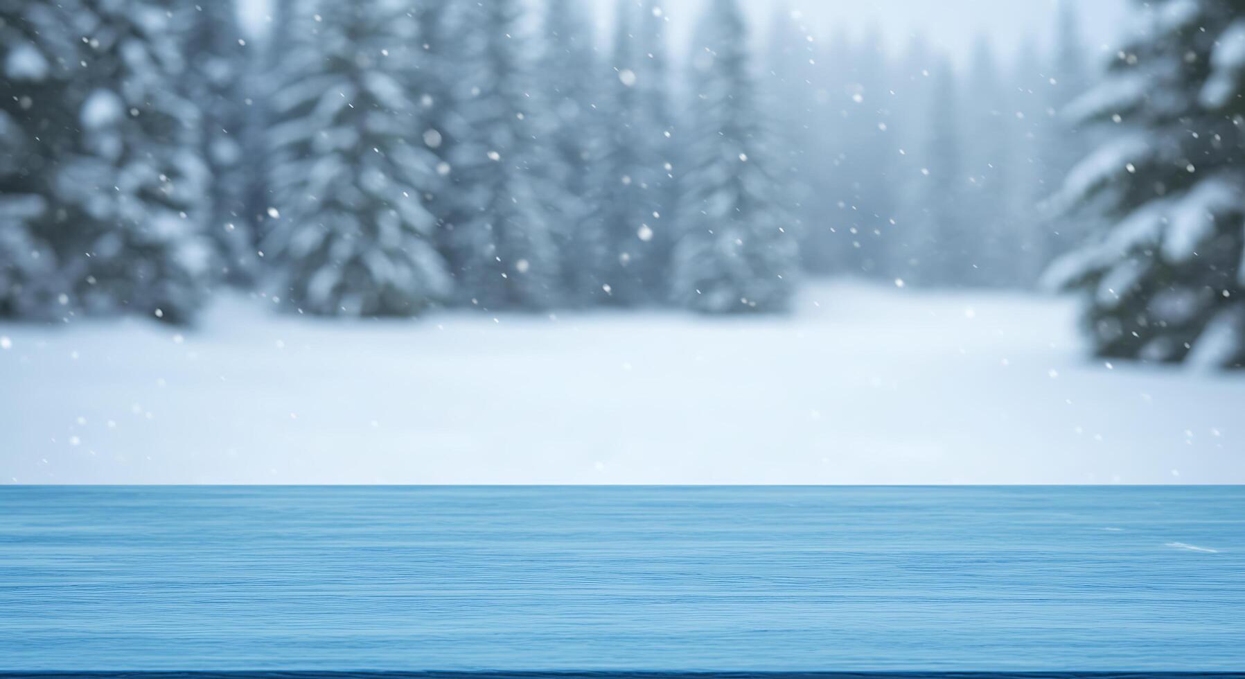 Blue table top in snowy forest background photo