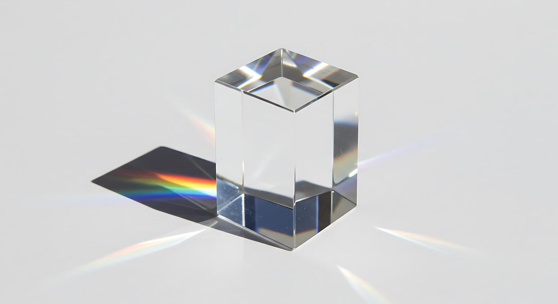 A clear glass cube with a rainbow light shining through it photo