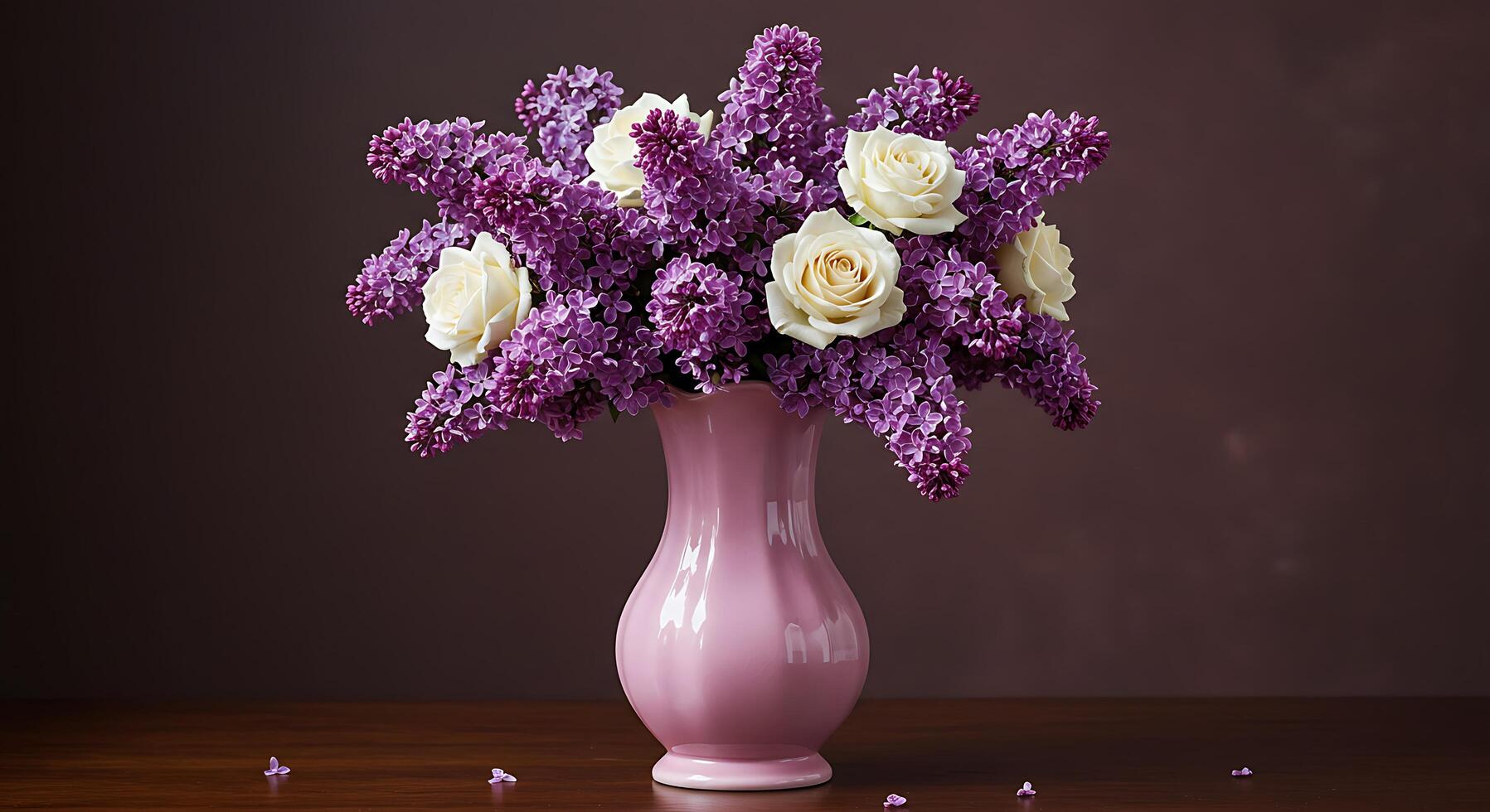 A vase with purple flowers on a table photo